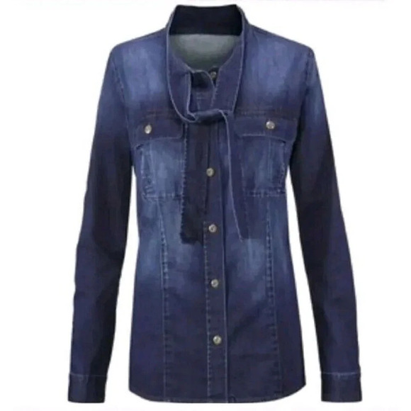 Cabi sz M Blue Waterfront Denim Button Up Shirt Bow Tie Collar Jean Chambray Top - Picture 10 of 16